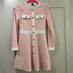 Chic Pink Houndstooth Fit & Flare Knit Dress (New)